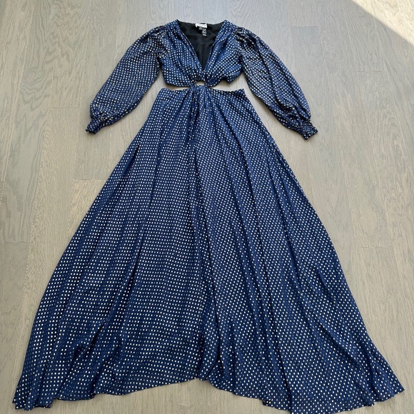 DELFI Collective Cerise Gown Blue Polka Dot Silk Metallic Gold Cut Out - Small - Picture 2 of 12